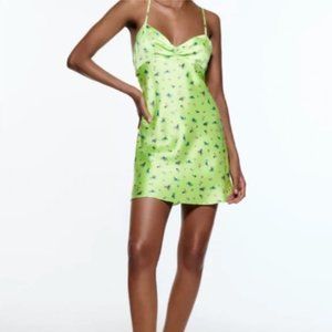 Zara Bright Light Green Floral Satin Strap Dress, Women's Size S